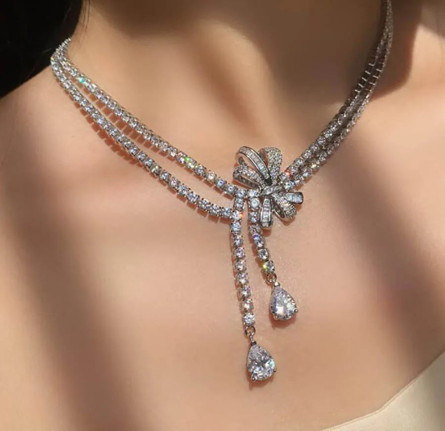 Luxury Geometric Jewelry Set | Bow Necklace & Earrings for Women