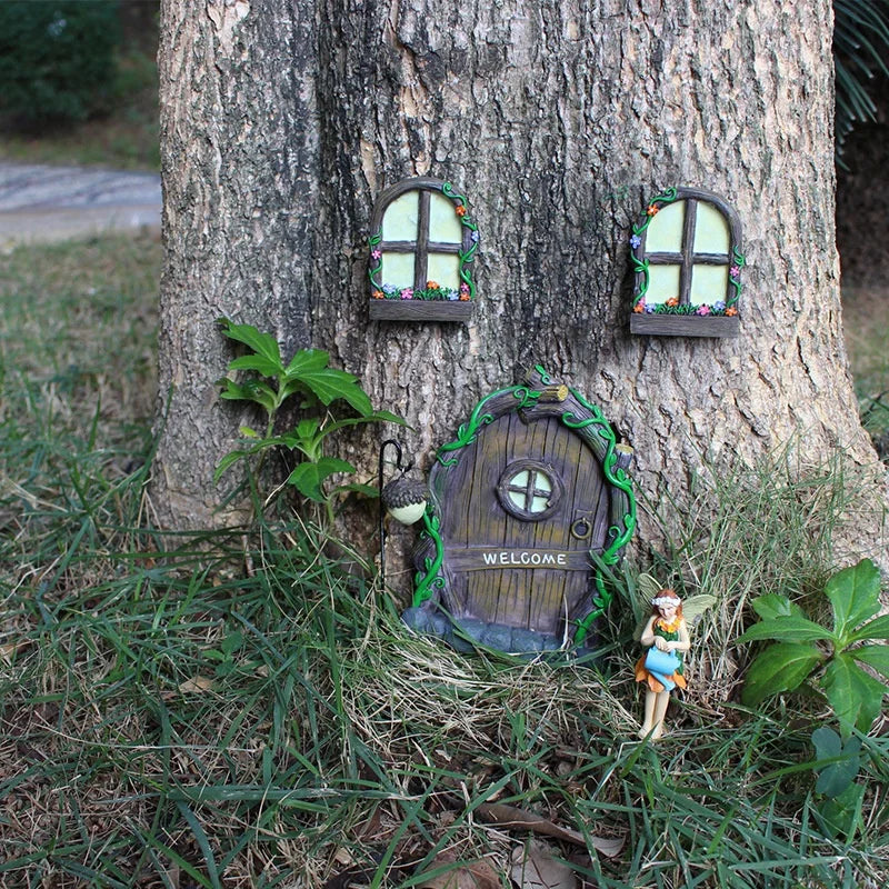 Fairy Gnome Window Door Set Miniature Pendant Creative Elf Home Yard Art Garden Decoration Outdoor Decoration Fairy Garden