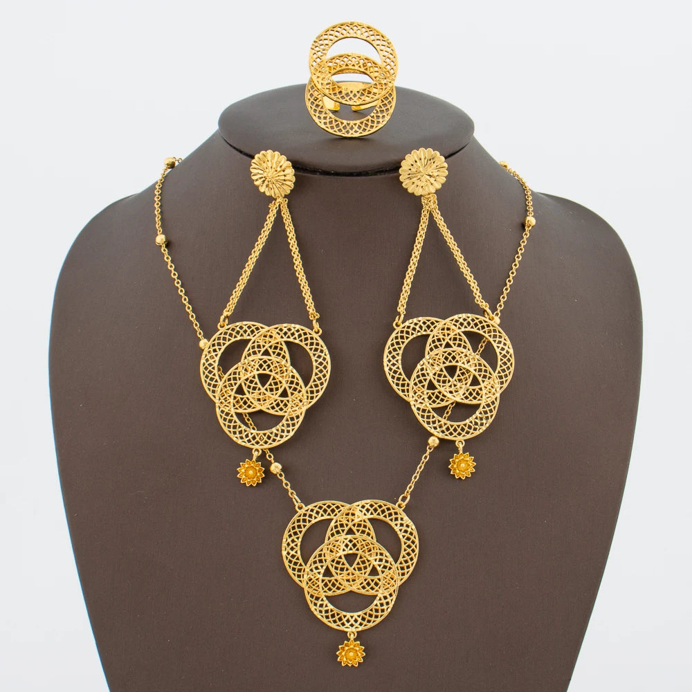 African Gold Plated Jewelry Set | Tassel Earrings & Pendant Necklace