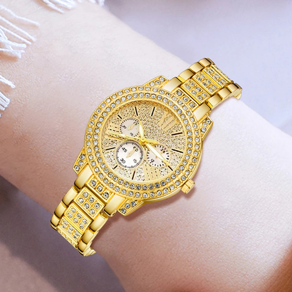 Women’s Gold Quartz Watch & Jewelry Set | Luxury Rhinestone