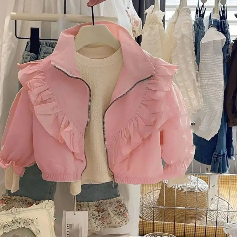 Baby Girls Autumn Coat | Korean Fashion Solid Color Zipper & Lace