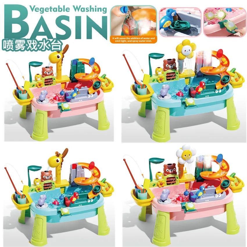 Colorful toy vegetable washing basin with various accessories on a white background