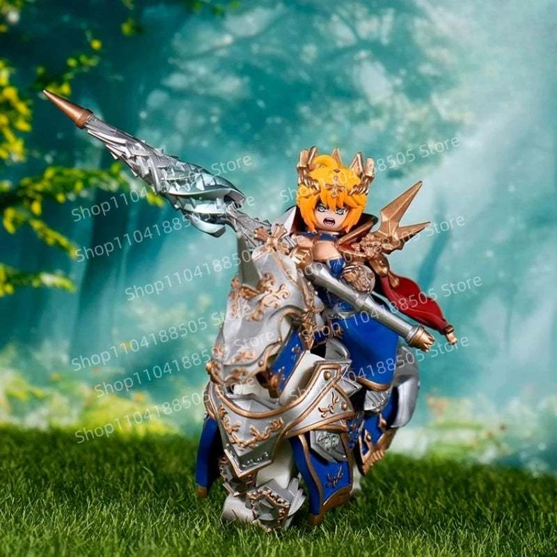 Figurine of a warrior in ornate armor with a spear, set against a blurred natural background.