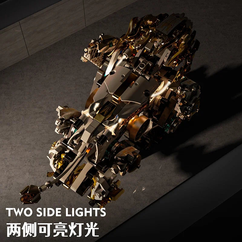 Metallic robot model with two side lights on a dark surface