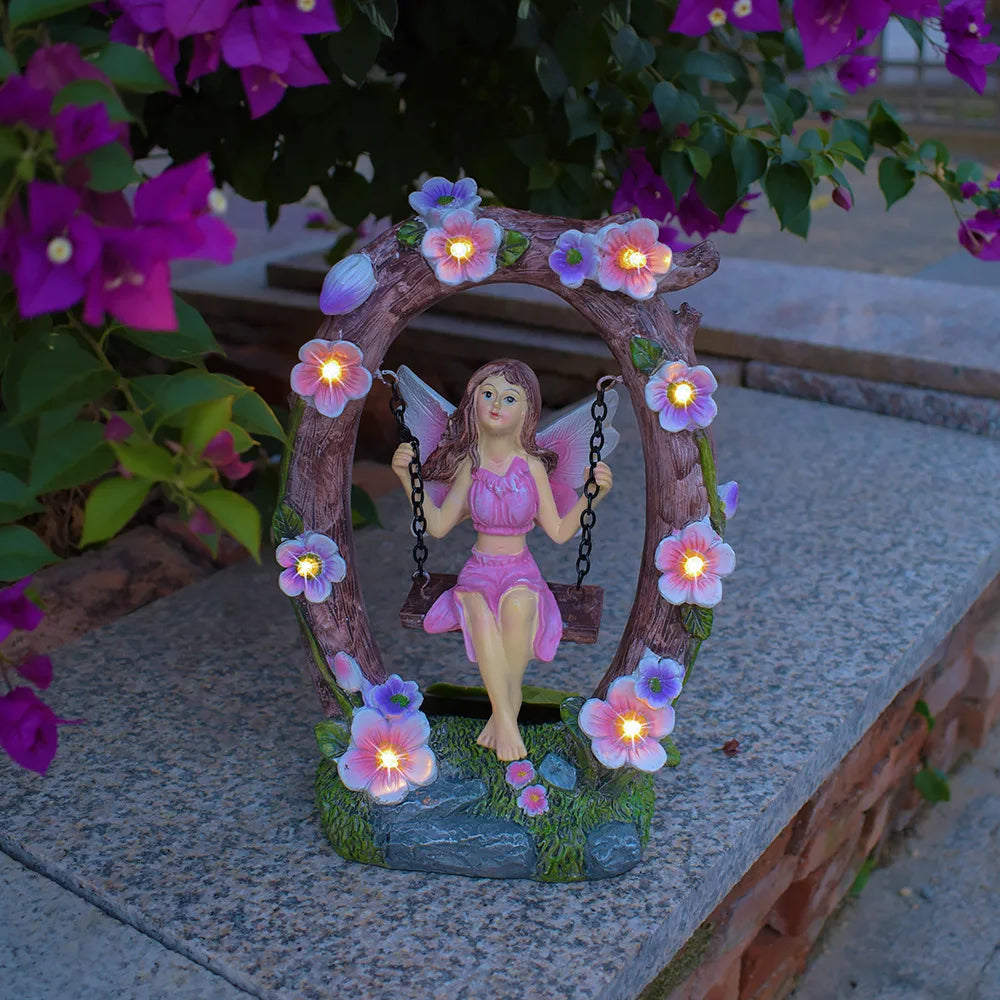 Solar Powered Garden Flower Fairy Waterproof Outdoor Statue Patio Lawn Yard Porch Decor Funny Swing Ornaments Gardening Gifts
