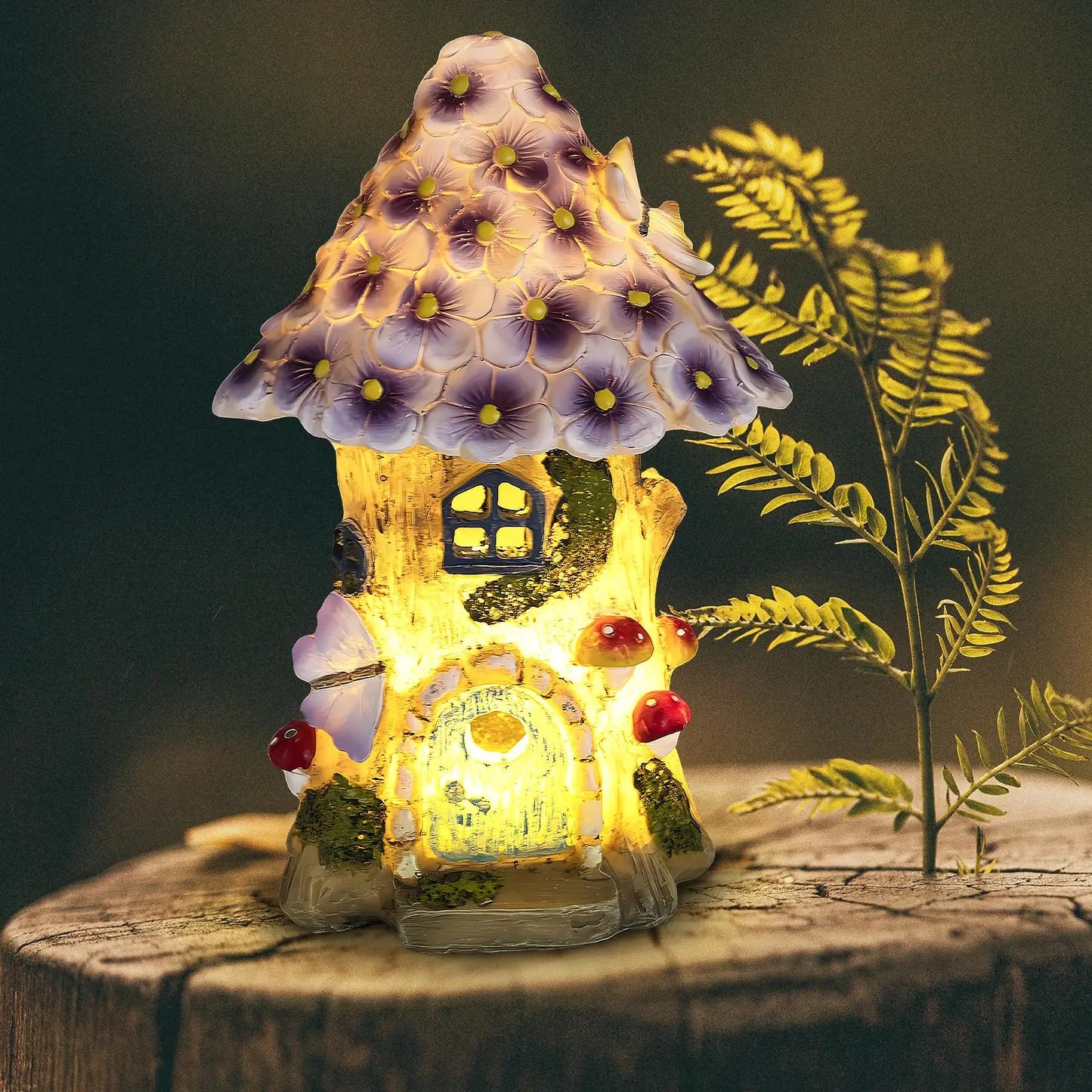 Fairy Garden House Solar Outdoor Statue, Light Up Mushroom Figurines Lawn Decorations for Yard, Fairies for Miniature House