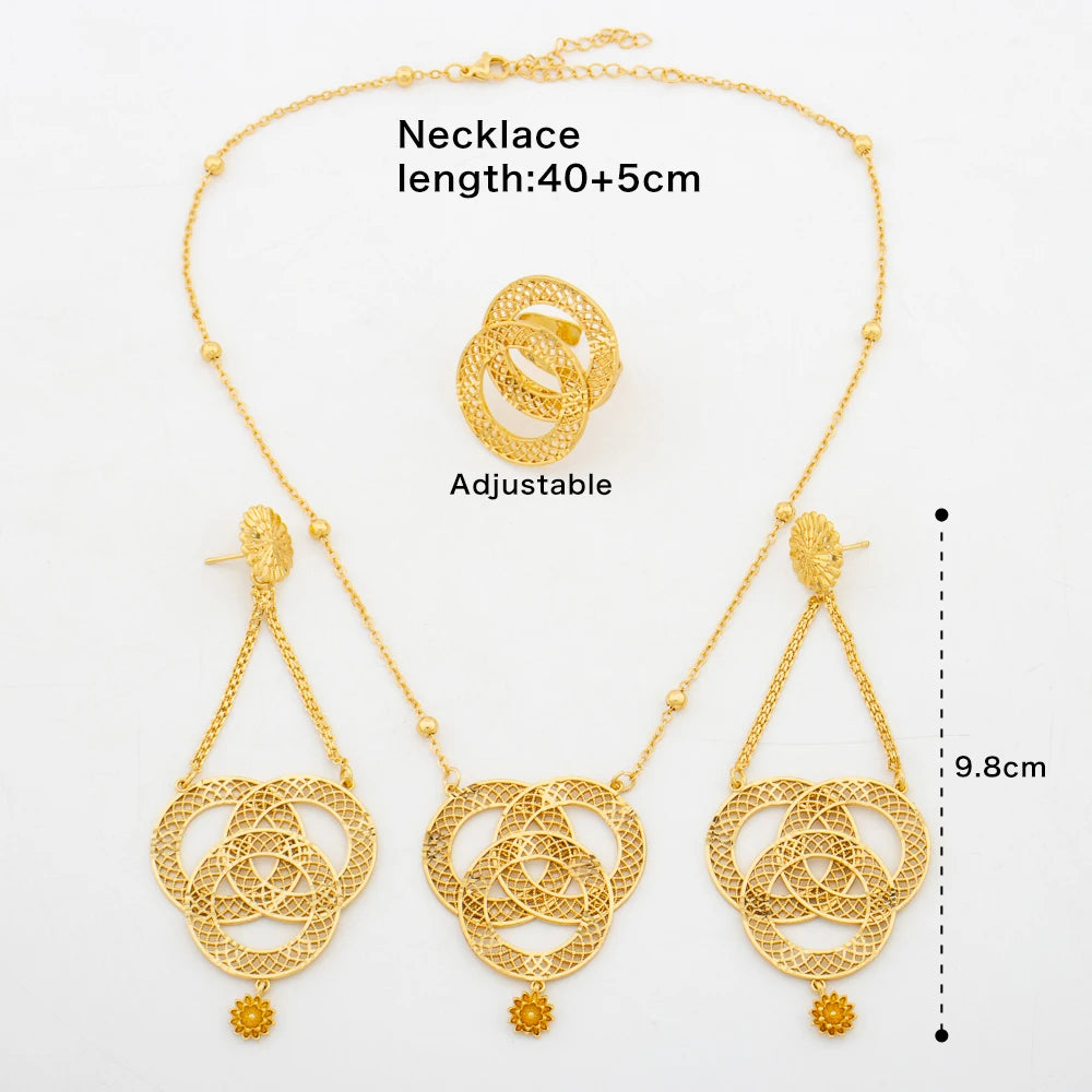African Gold Plated Jewelry Set | Tassel Earrings & Pendant Necklace