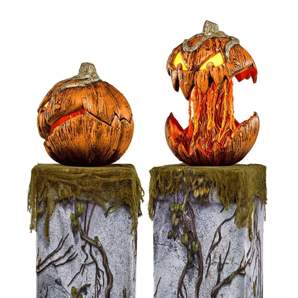 Two decorative pumpkins with carved faces on stands with a white background