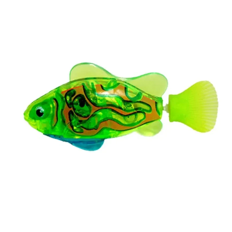 Toy fish with green and yellow colors on a white background