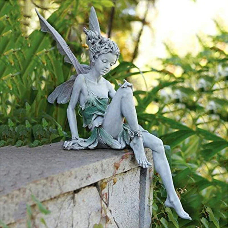 Flower Fairy Resin Statue Decoration Outdoor Garden Angel Girl Sitting Figurines Sculpture Craft Landscaping Yard Art Ornament