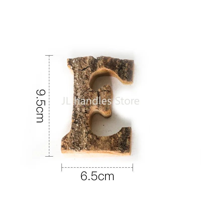 Wooden letter 'E' with measurements on a white background