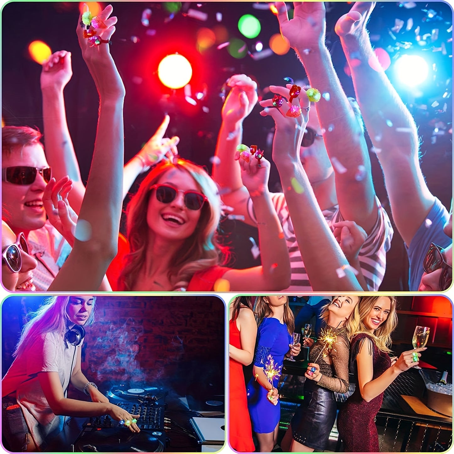 Collage of people enjoying a party with confetti, a DJ, and people dancing.