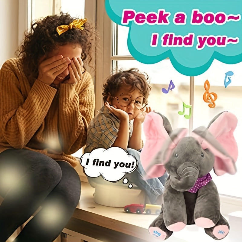 Two children playing peek-a-boo with a plush elephant toy, with text and musical notes in the background.