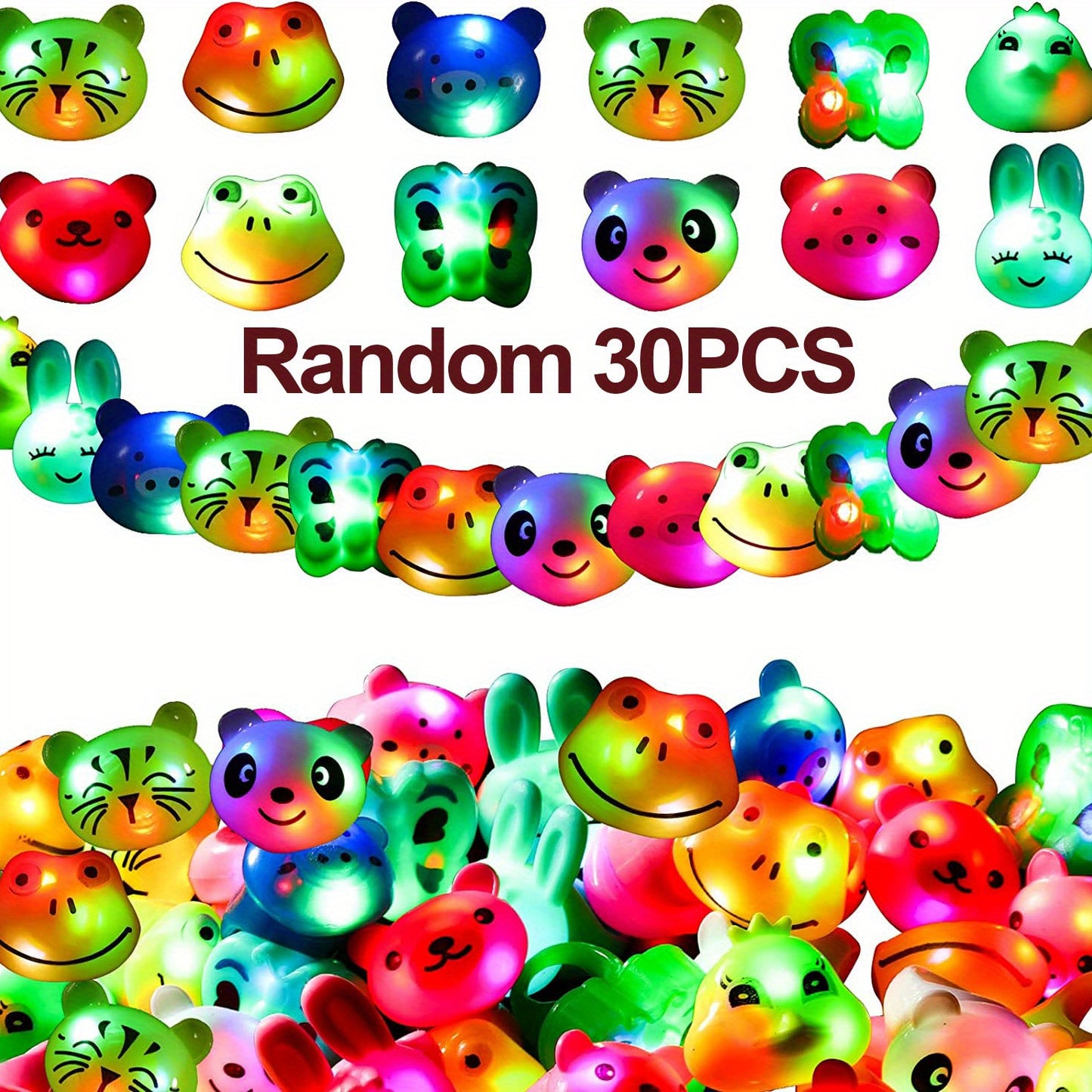 Assorted colorful LED animal toys with 'Random 30PCS' text on a white background
