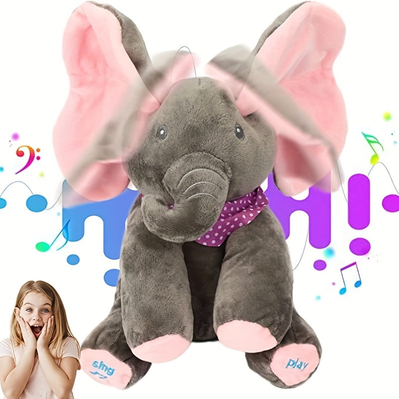 Plush elephant toy with pink ears and feet, wearing a purple polka dot bow tie, on a colorful background with musical notes.