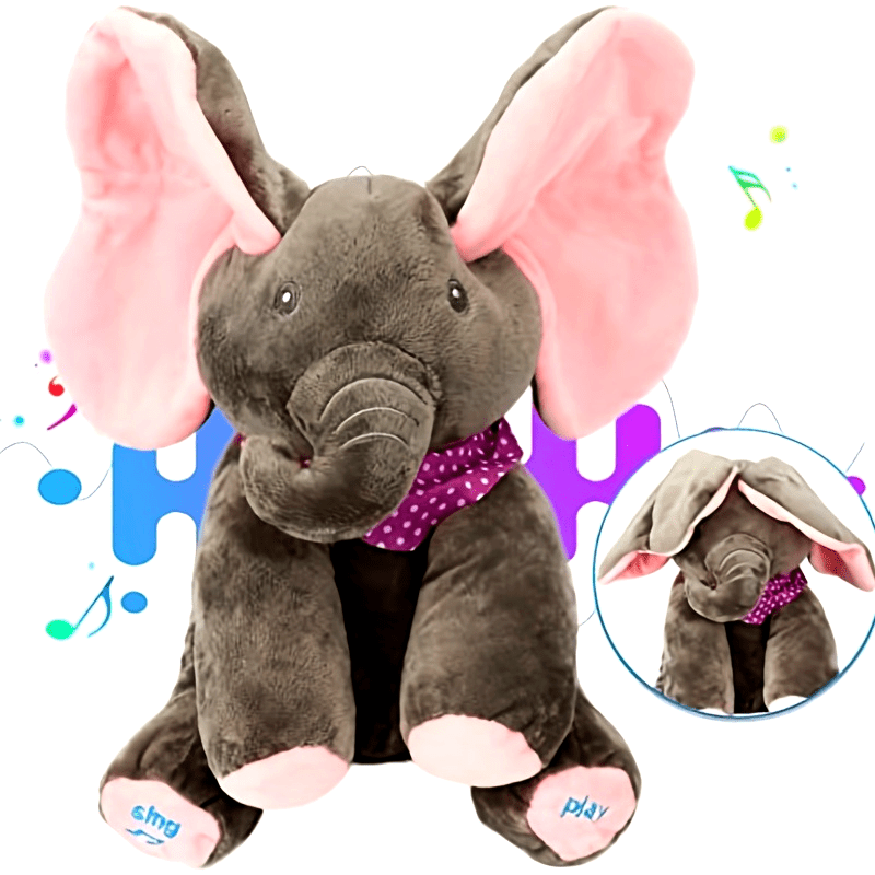 Plush elephant toy with pink ears and a purple polka dot bow tie on a white background.