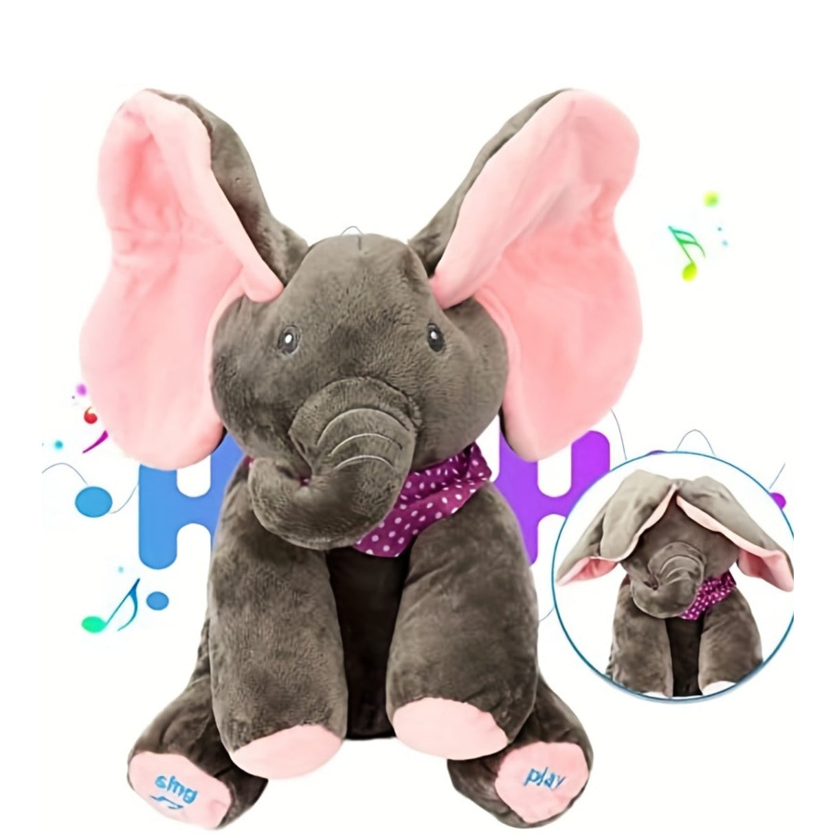 Plush elephant toy with pink ears and a purple bow tie on a white background
