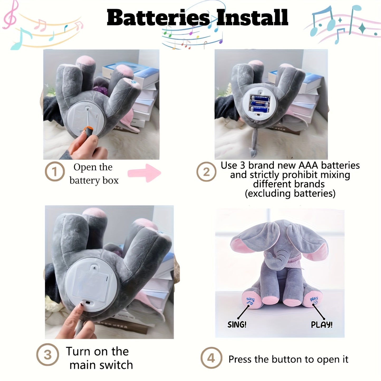 Step-by-step guide on how to install batteries in a plush toy elephant.