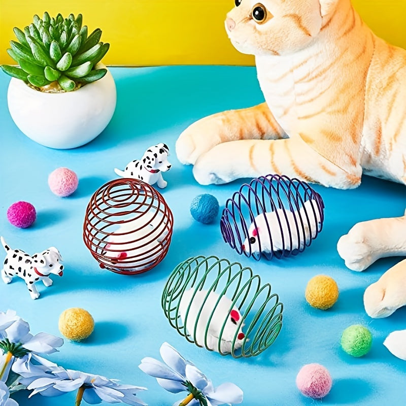 3pcs Colorful Spring Toy Set | Interactive Cat Balls & Mouse Toys