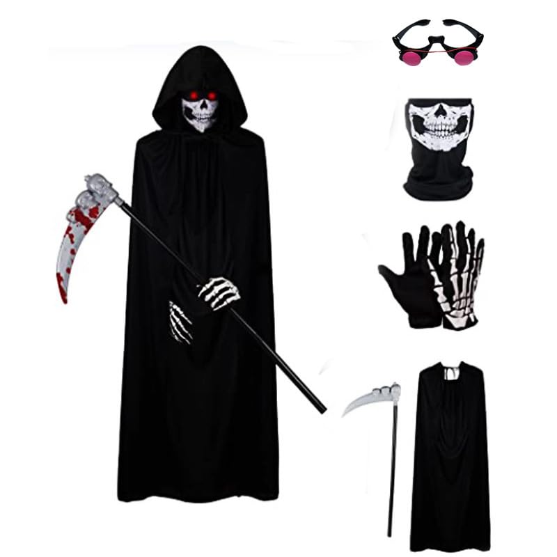 Niceyoeuk Halloween Cloak Cosplay Costume for Women Men Kids Death Grim Reaper Horror Robe with Glowing Red Eyes Glasses,Scythe,Facewear,Gloves