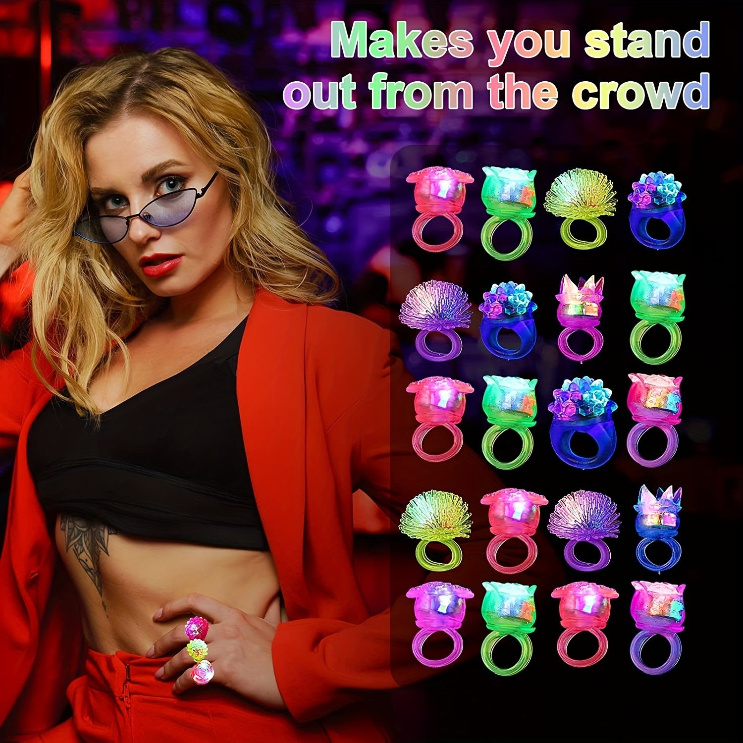 Woman wearing colorful LED rings with text 'Makes you stand out from the crowd' on a dark background.