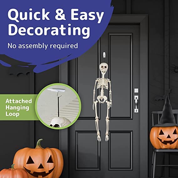 Prextex Halloween Skeleton Figure - Full Standing Body Skeleton with Movable/Posable Joints and Two Sets Of Body Accessories, Posable Decor for Halloween Decorations Outdoor Indoor - 48cm (19 Inch)