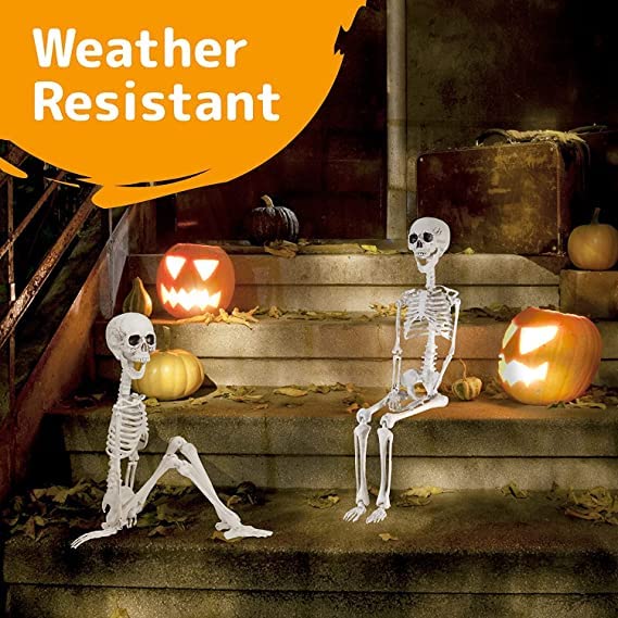 Prextex Halloween Skeleton Figure - Full Standing Body Skeleton with Movable/Posable Joints and Two Sets Of Body Accessories, Posable Decor for Halloween Decorations Outdoor Indoor - 48cm (19 Inch)