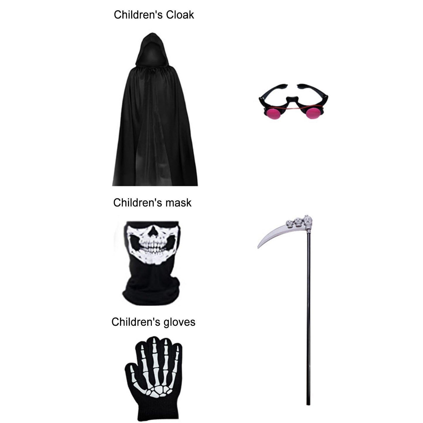 Niceyoeuk Halloween Cloak Cosplay Costume for Women Men Kids Death Grim Reaper Horror Robe with Glowing Red Eyes Glasses,Scythe,Facewear,Gloves