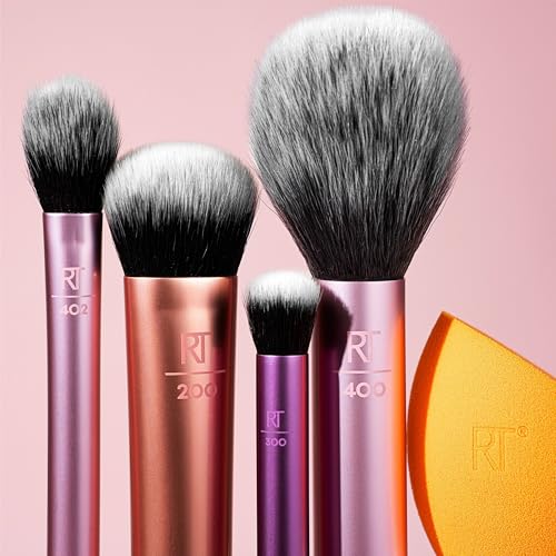 REAL TECHNIQUES,5 Count (Pack of 1) Everyday Essentials Makeup Brush Complete Face Set (Miracle Complexion Sponge, Expert Face, Blush, Setting and Deluxe Crease Brushes)