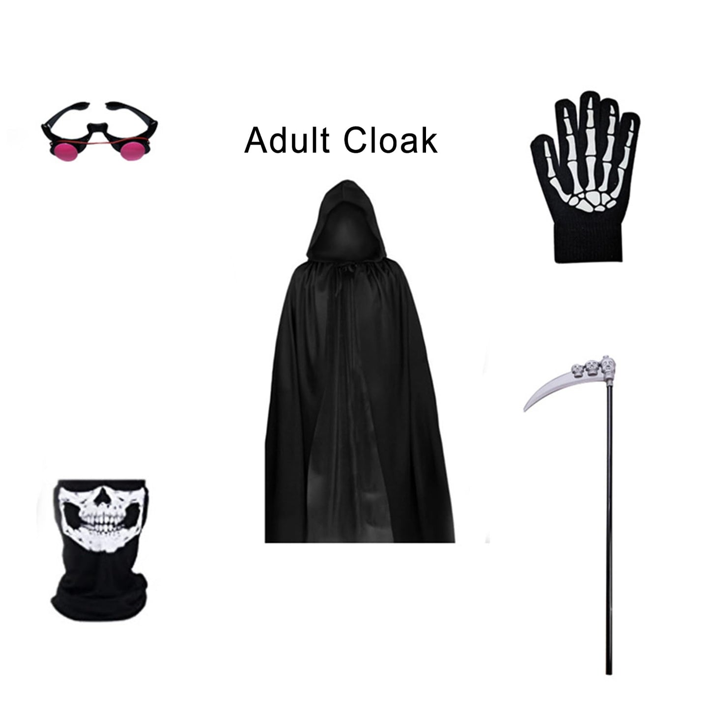 Niceyoeuk Halloween Cloak Cosplay Costume for Women Men Kids Death Grim Reaper Horror Robe with Glowing Red Eyes Glasses,Scythe,Facewear,Gloves