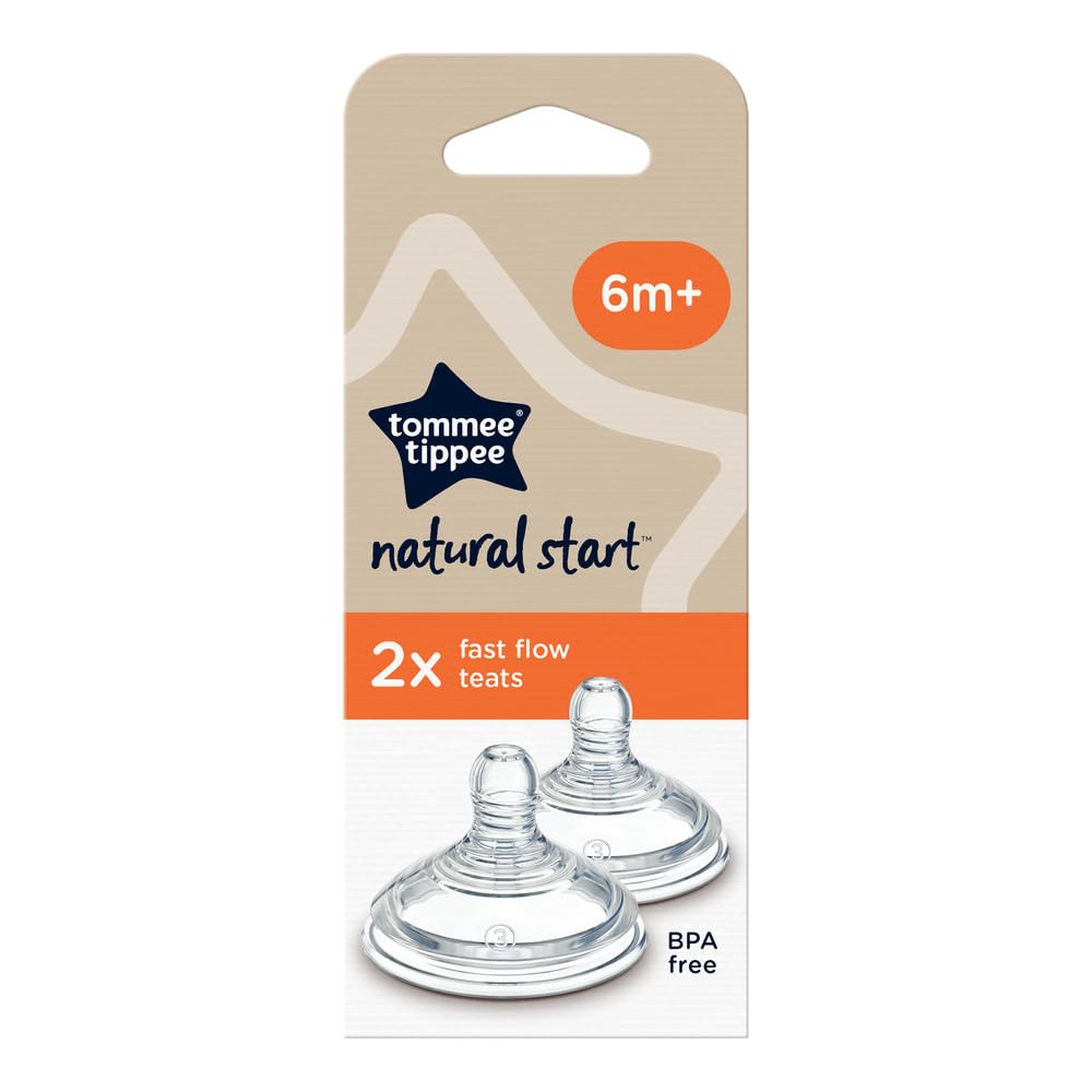 Tommee Tippee Natural Start Baby Bottle Teats, Fast Flow for 6m+, Pack of 2 Breast-Like Teats for a Natural Latch, with Anti-Colic Valve and BPA Free Soft Silicone