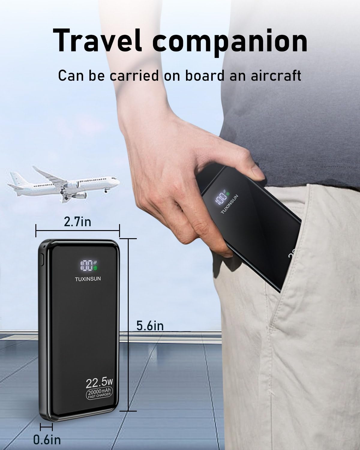 Power Bank 20000mAh, PD3.0 QC4.0 22.5W Fast Charging PD20W USB C PowerBank Portable Charger With LCD Display 3 Outputs & 2 Inputs For Smartphones and Camping