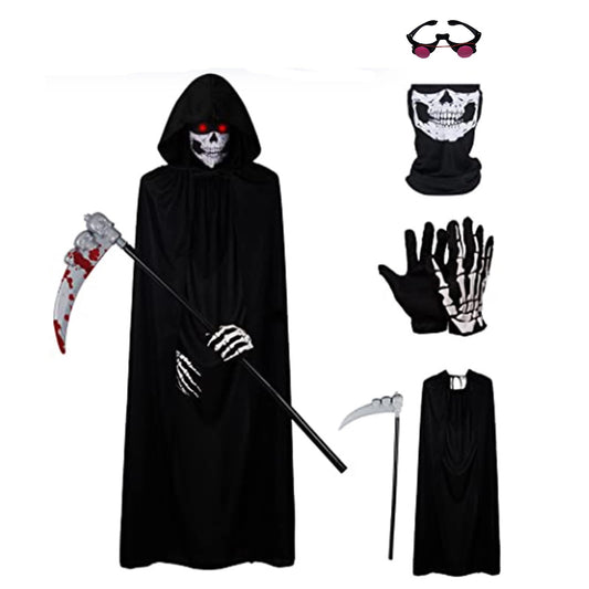 Niceyoeuk Halloween Cloak Cosplay Costume for Women Men Kids Death Grim Reaper Horror Robe with Glowing Red Eyes Glasses,Scythe,Facewear,Gloves