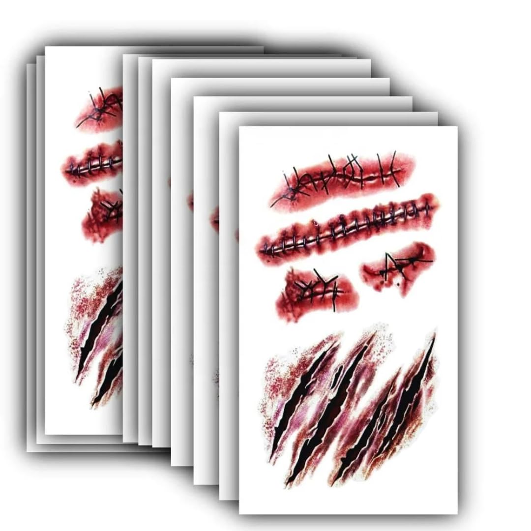 RMCtrends [Pack of 15 sheets] HD Ultra Realistic Halloween Tattoos Fancy Dress Party Costume Makeup Temporary Tattoos Stickers Decoration Fake Wounds Scars and Stitches Make Up x15 Tattoo Sheets
