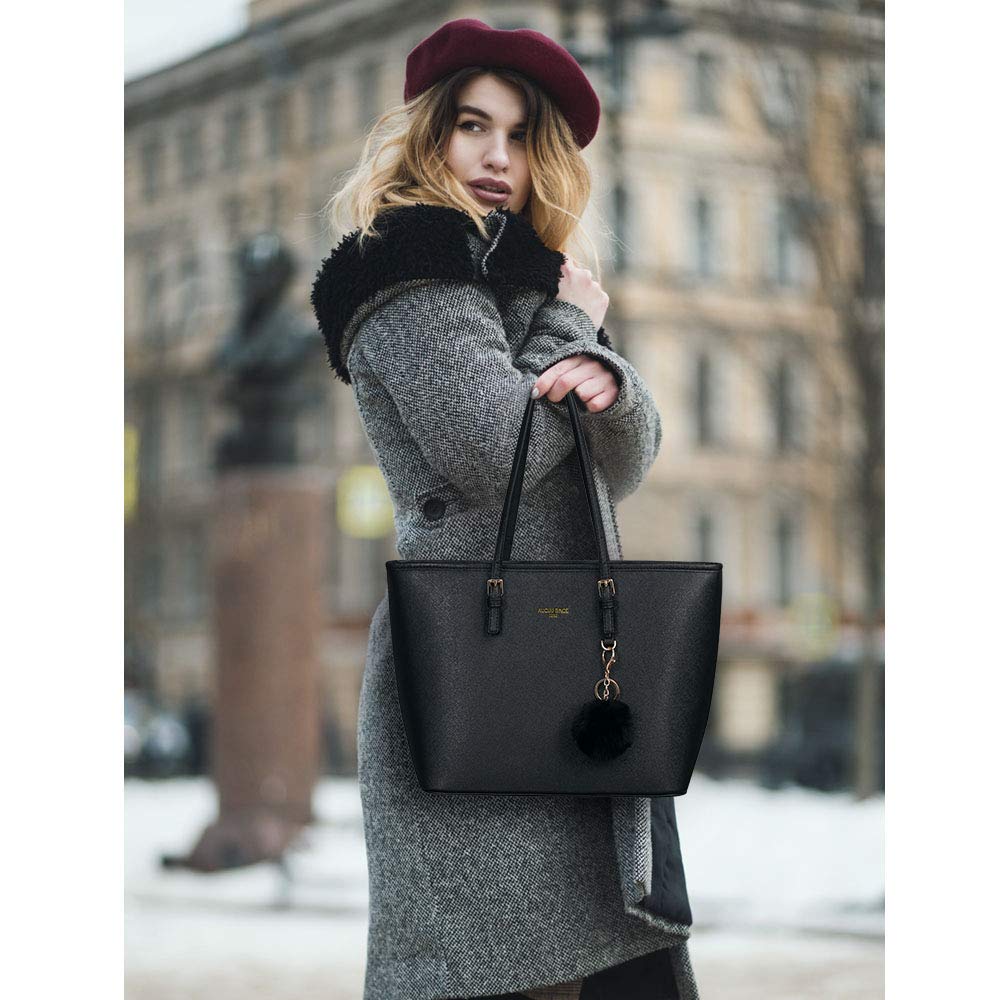 URAQT Women Handbag Tote Bag, 15.6 Inch PU Leather Shoulder Bag Laptop Bags with Adjustable Handle, Lightweight Stylish Designer Large Black Handbags for School Work Travel