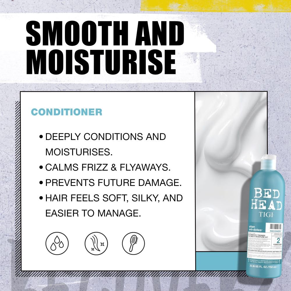 Bed Head by TIGI | Recovery Shampoo and Conditioner Set | Professional Moisturising Hair Repair Treatment | Ideal For Dry And Damaged Hair | 750 ml ( Pack of 2)