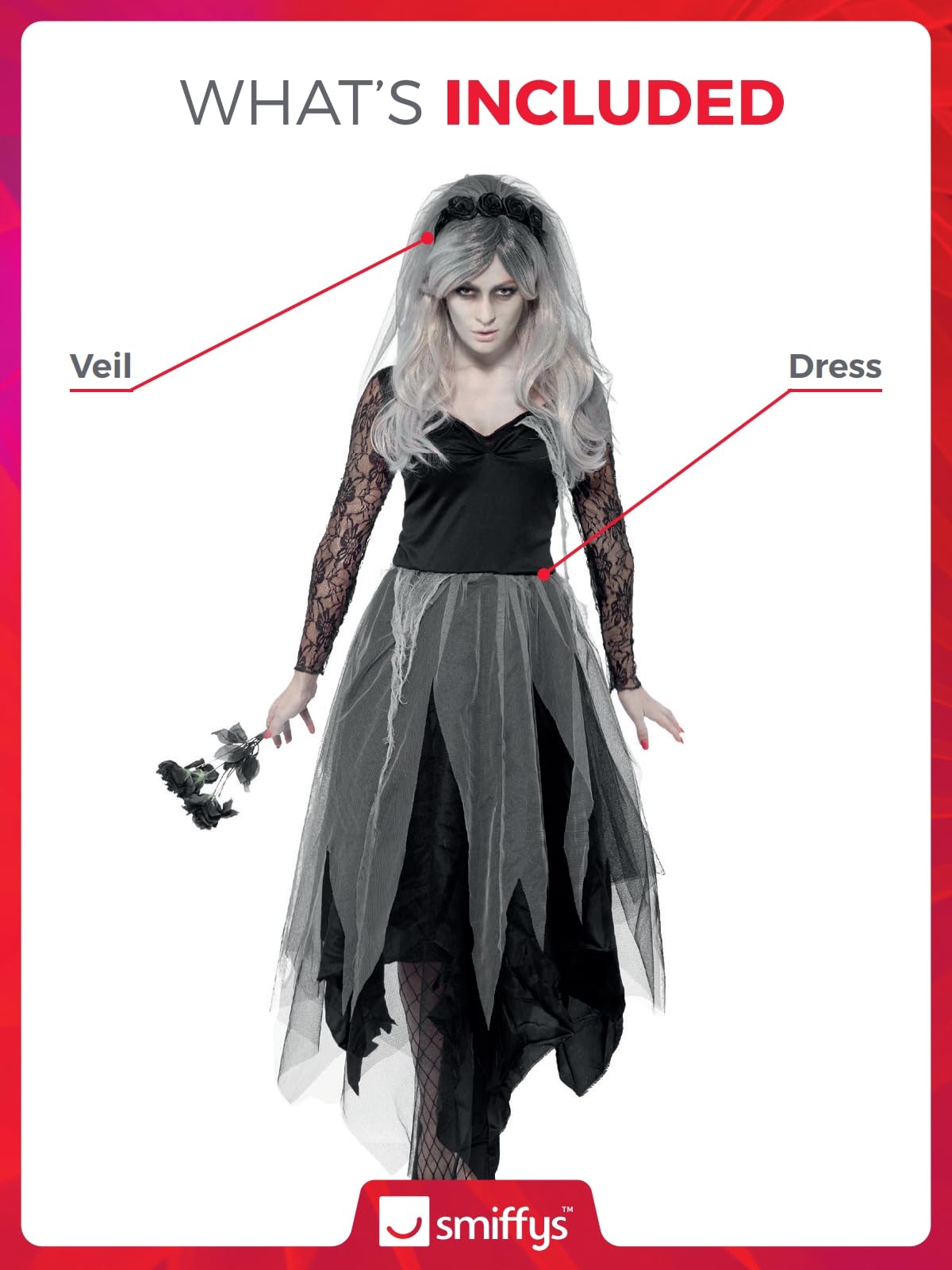 Smiffys Adult Women's Graveyard Bride Costume, Dress and Rose Veil, Legends of Evil
