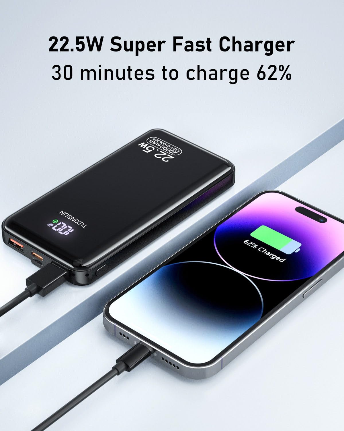 Power Bank 20000mAh, PD3.0 QC4.0 22.5W Fast Charging PD20W USB C PowerBank Portable Charger With LCD Display 3 Outputs & 2 Inputs For Smartphones and Camping