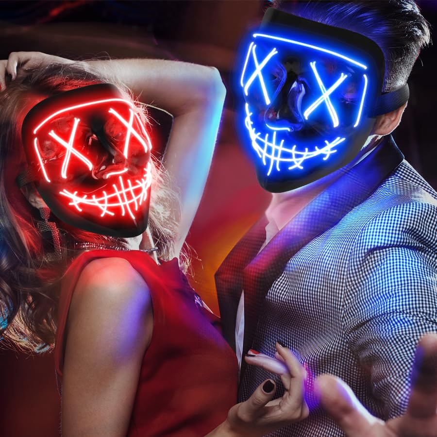 AnanBros Scary LED Halloween Mask, Light up Mask Cosplay, LED Rave Face Mask Costume 3 Lighting Modes, Halloween Face Masks for Men Women Kids