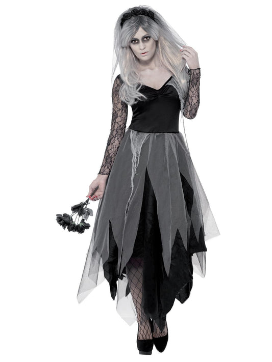 Smiffys Adult Women's Graveyard Bride Costume, Dress and Rose Veil, Legends of Evil