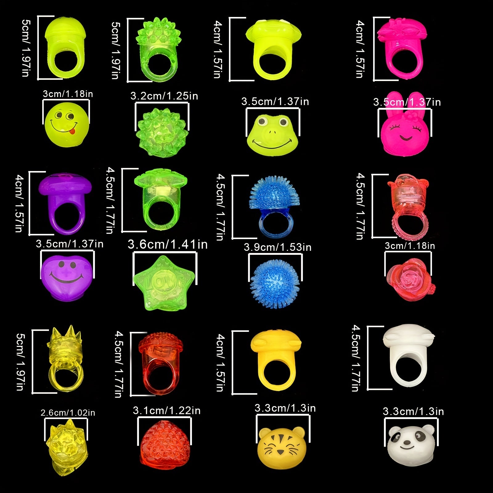 Assorted colorful rings with measurements on a black background