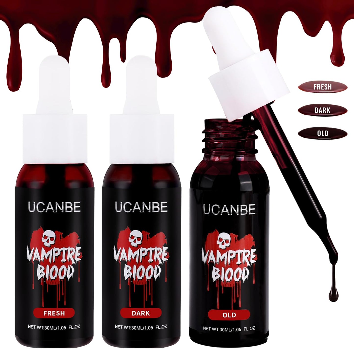 UCANBE Halloween Dripping Fake Blood Realistic Blood Drops Body Paint Washable Fake Blood Makeup Kit For Zombie Vampire Clown Monster Clothes Costume Cosplay SFX Special Effects Makeup 30ML(Dark)