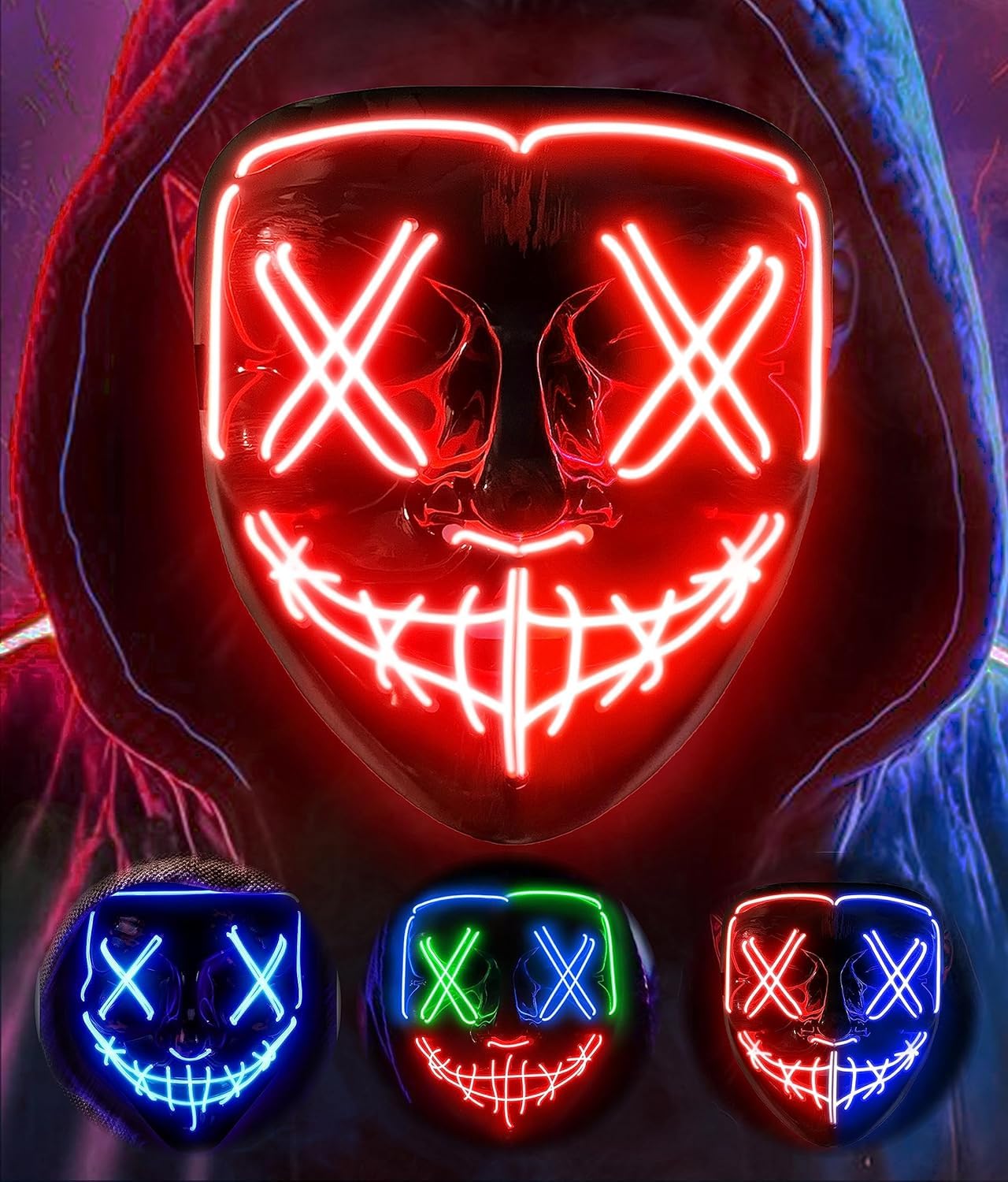 AnanBros Scary LED Halloween Mask, Light up Mask Cosplay, LED Rave Face Mask Costume 3 Lighting Modes, Halloween Face Masks for Men Women Kids