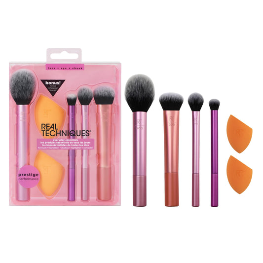 REAL TECHNIQUES,5 Count (Pack of 1) Everyday Essentials Makeup Brush Complete Face Set (Miracle Complexion Sponge, Expert Face, Blush, Setting and Deluxe Crease Brushes)