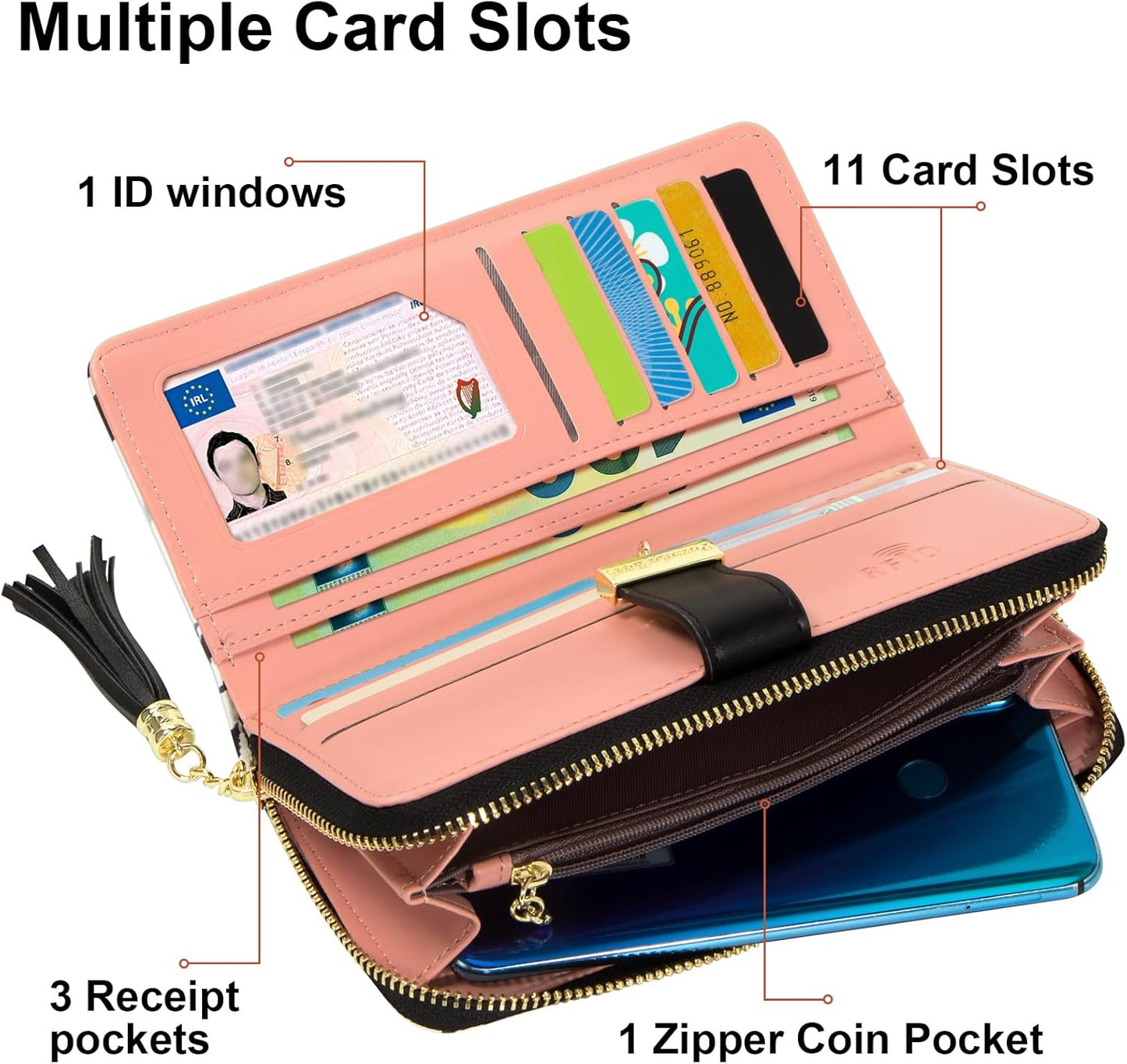 Pomelo Best Womens Wallet RFID Blocking Large Capacity Long Purse with Multiple Card Slots Zipper Phone Coin Pocket