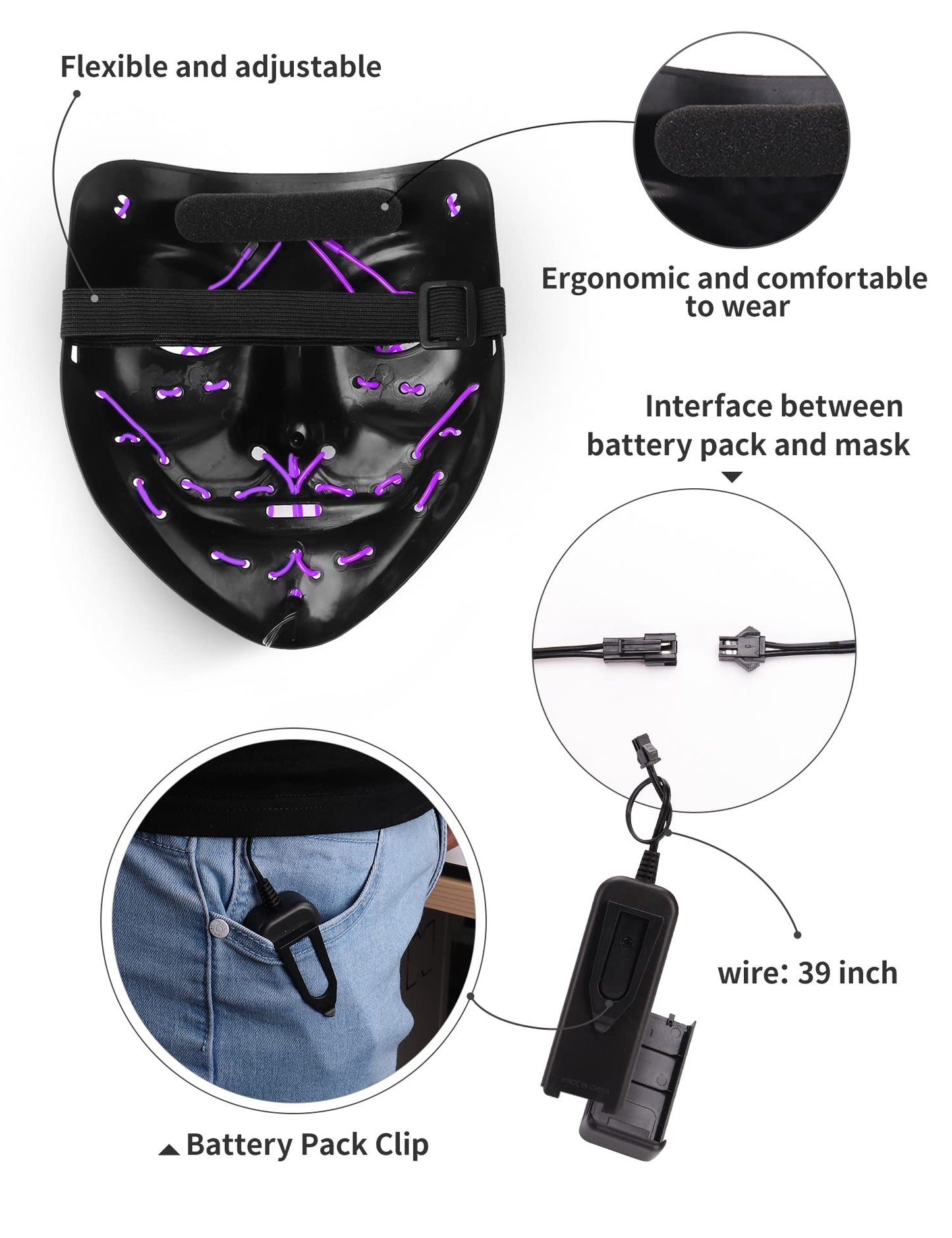 AnanBros Scary LED Halloween Mask, Light up Mask Cosplay, LED Rave Face Mask Costume 3 Lighting Modes, Halloween Face Masks for Men Women Kids