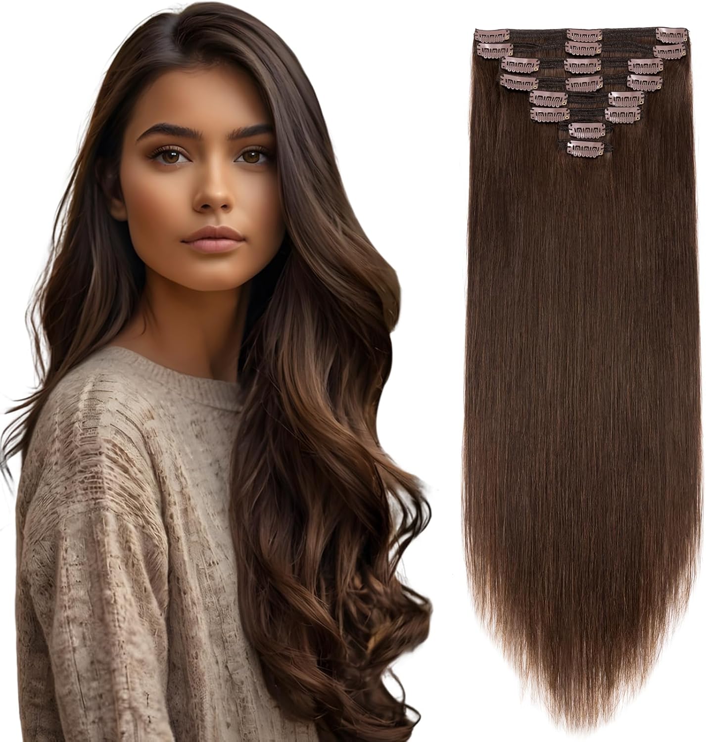Elailite Clip in Hair Extensions Real Human Hair - 100% Remy Hair Straight 8 Pcs Thin Weft (#12/613 Golden Brown Mix Bleach Blonde, 10 Inch (50 g))