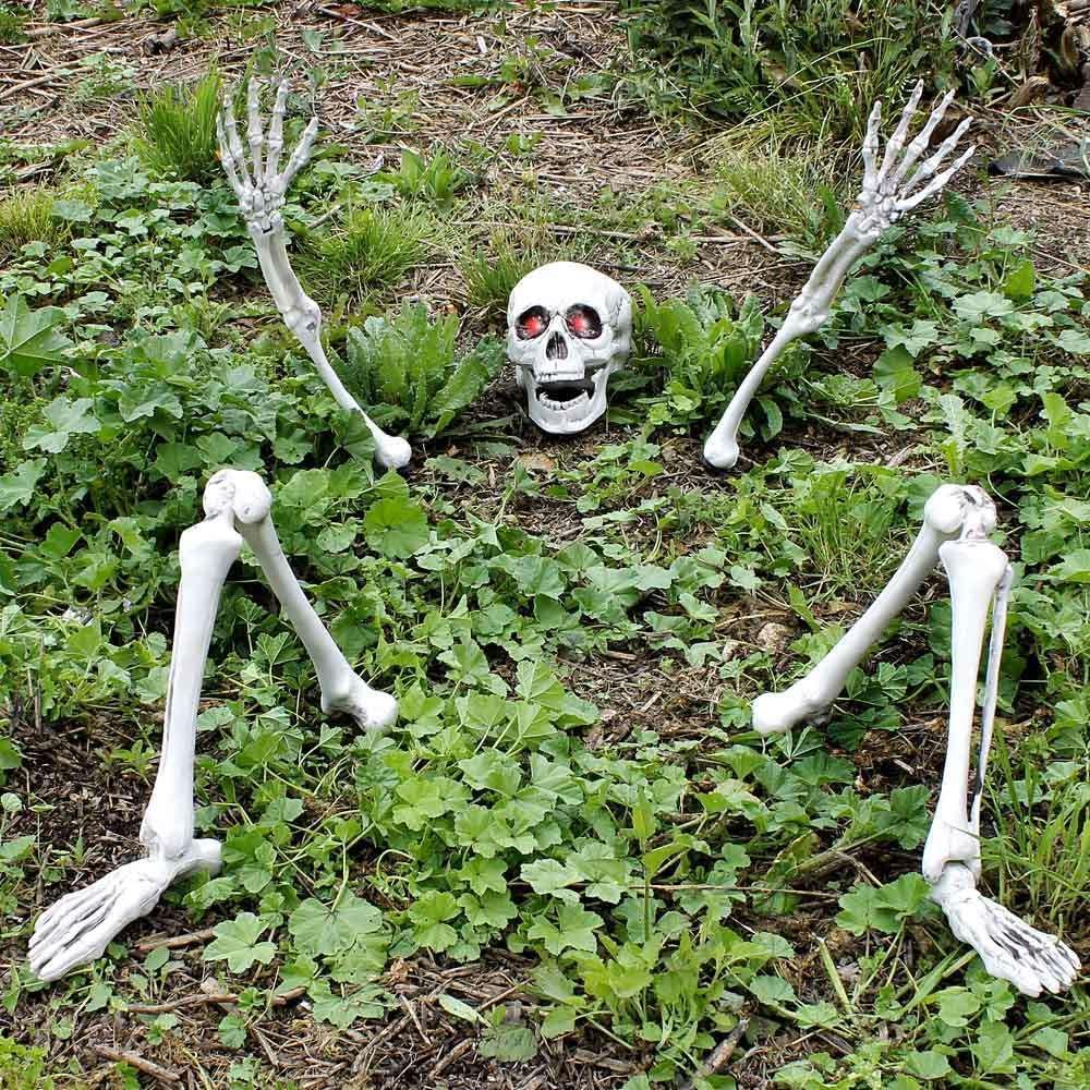 Skeleton Halloween Fancy Dress Decoration Prop with Light Up Eyes - Ground Breaking Scary Party Decoration: Skull, 2x Arms & 2x Legs