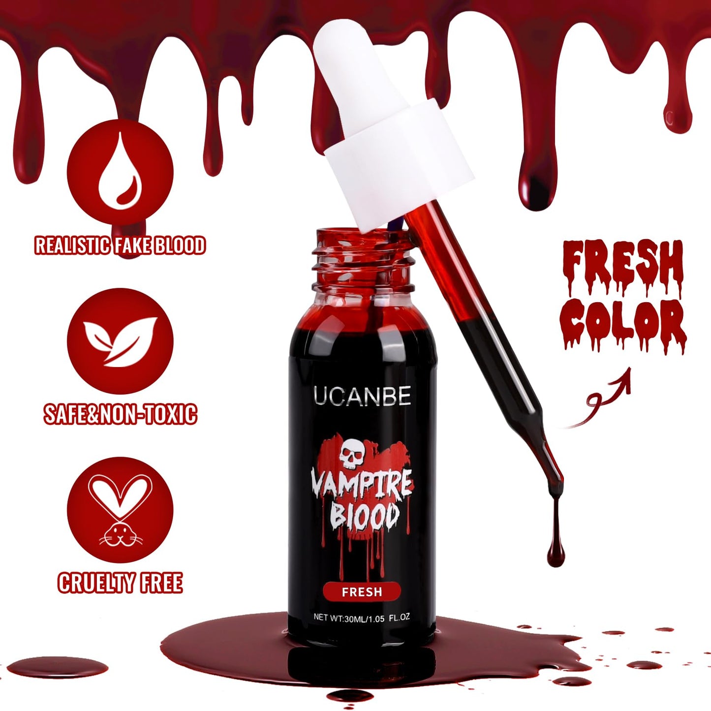 UCANBE Halloween Dripping Fake Blood Realistic Blood Drops Body Paint Washable Fake Blood Makeup Kit For Zombie Vampire Clown Monster Clothes Costume Cosplay SFX Special Effects Makeup 30ML(Dark)