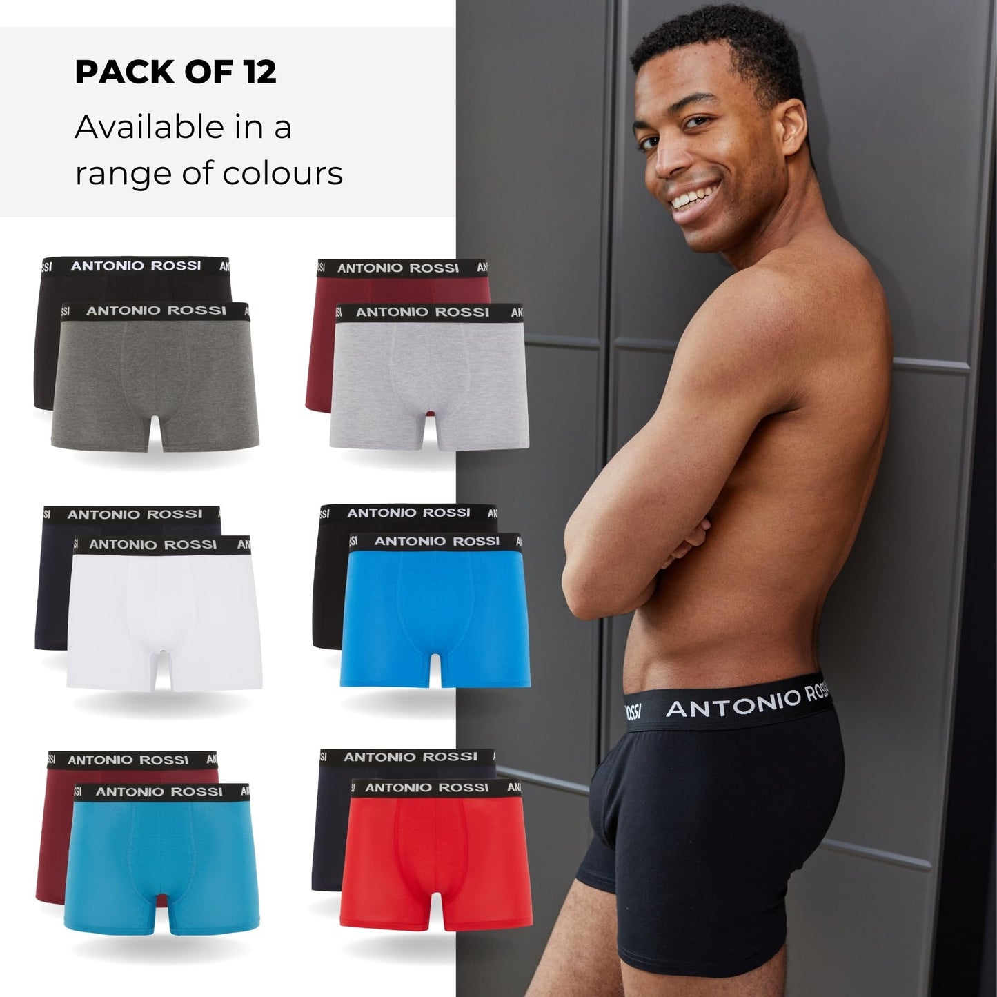 ANTONIO ROSSI (12-Pack) Men's Fitted Boxer Hipsters - Mens Boxers Shorts Multipack with Elastic Waistband - Cotton Rich, Soft and Comfortable Underwear